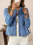 Denim Jacket Women Fitted Ruffle Waist Button Front