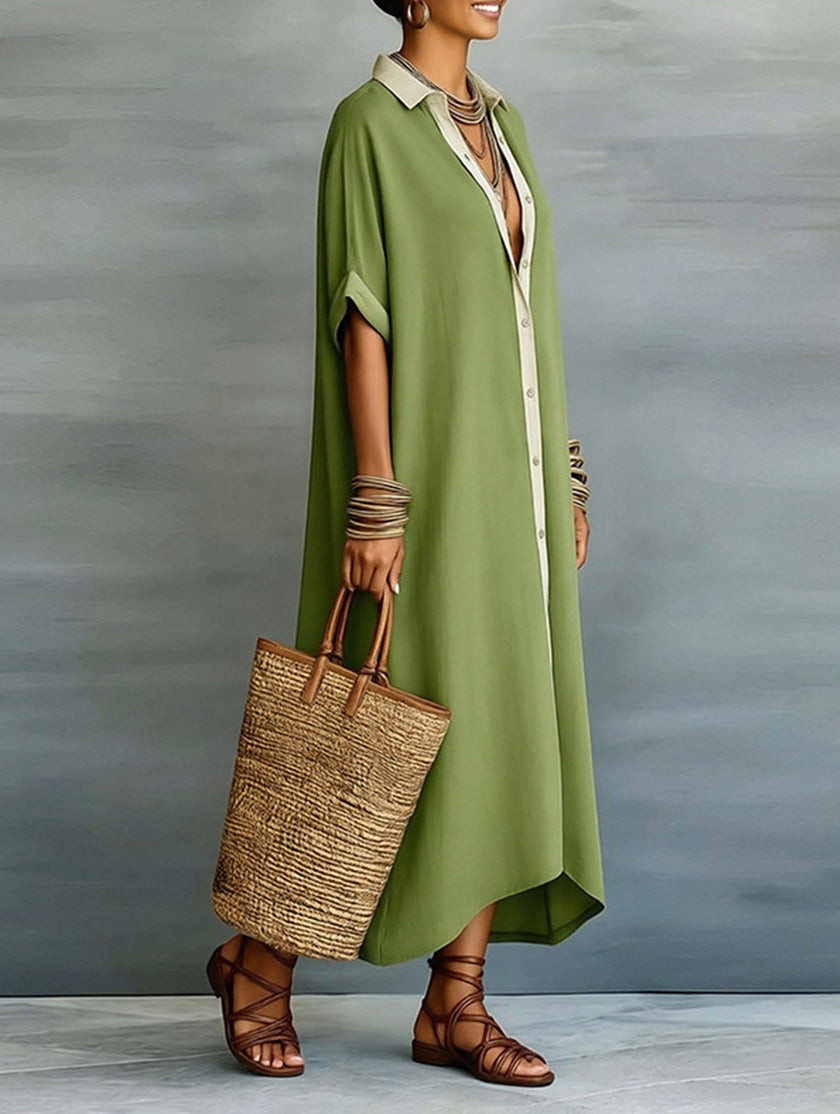 FJØRNA casual solid buttoned midi dress with a relaxed fit, perfect for casual weddings, displayed on a hanger.