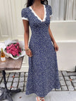 FJØRNA Lace Patch Floral V Neck Maxi Dress in white, featuring lace details and a flowing silhouette for elegant occasions.