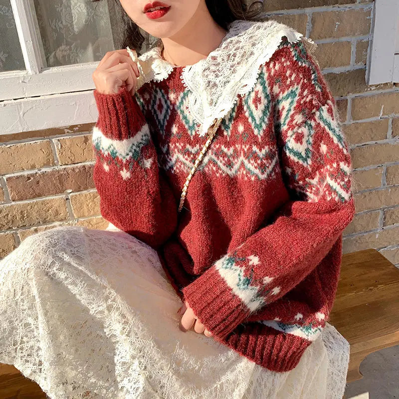 FJØRNA Lily Christmas Jumper for Women featuring a festive red knitwear design with a trendy, chic style.
