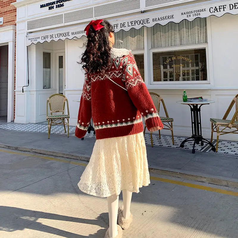 FJØRNA Lily Christmas Jumper for women, red knitwear with festive holiday design, trendy chic winter sweater.