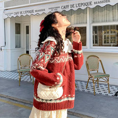 FJØRNA Lily Christmas Jumper for women with a festive red knit design, trendy chic holiday sweater, cozy knitwear for women.