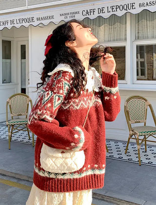 FJØRNA Lily Christmas Jumper for women with a festive red knit design, trendy chic holiday sweater, cozy knitwear for women.