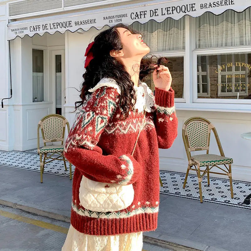 FJØRNA Lily Christmas Jumper for women with a festive red knit design, trendy chic holiday sweater, cozy knitwear for women.
