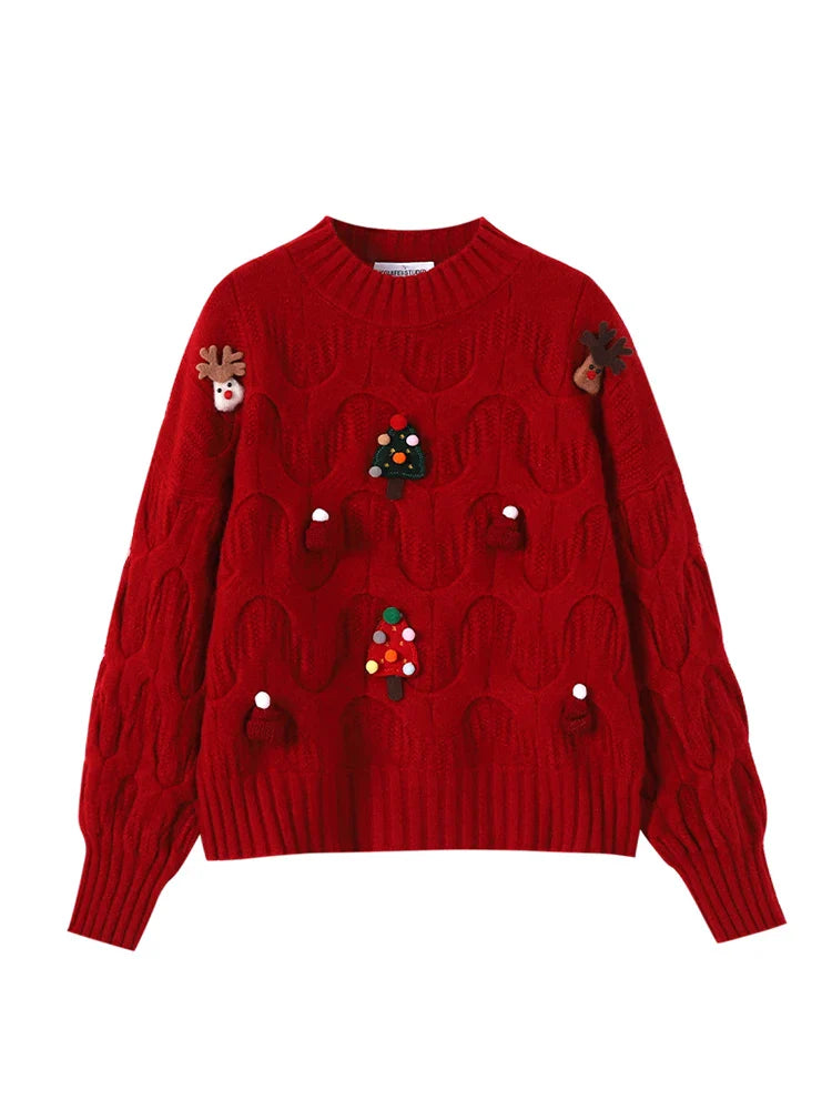 FJØRNA Clara Christmas jumper for women in wine red with cozy vintage design, long sleeve pullover for festive holiday wear