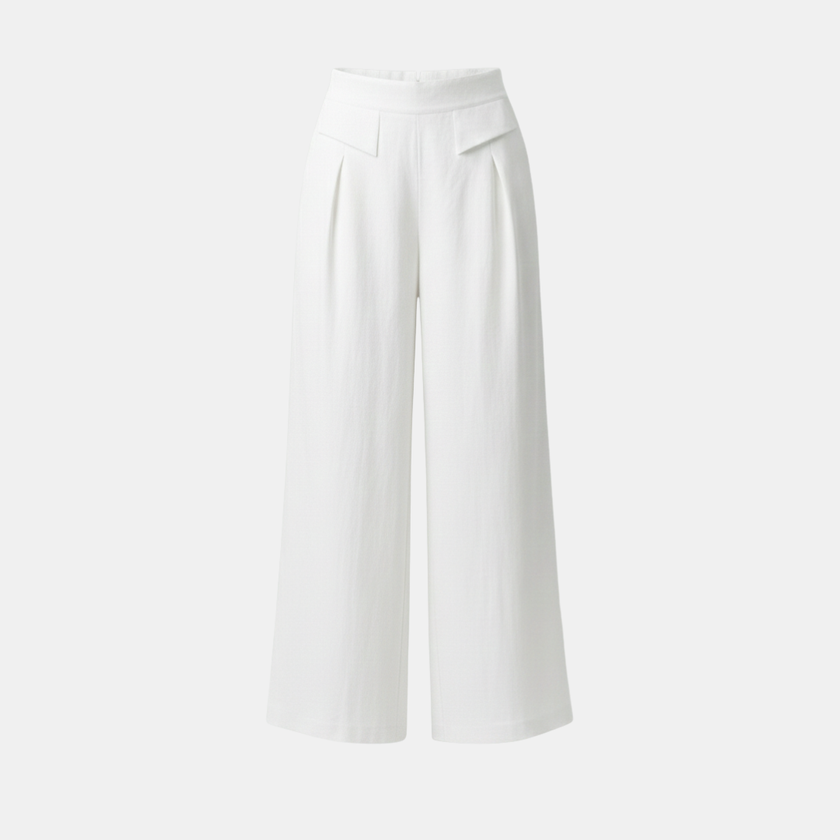 FJØRNA women’s white cotton linen wide-leg trousers with high waist, pockets, and relaxed fit.