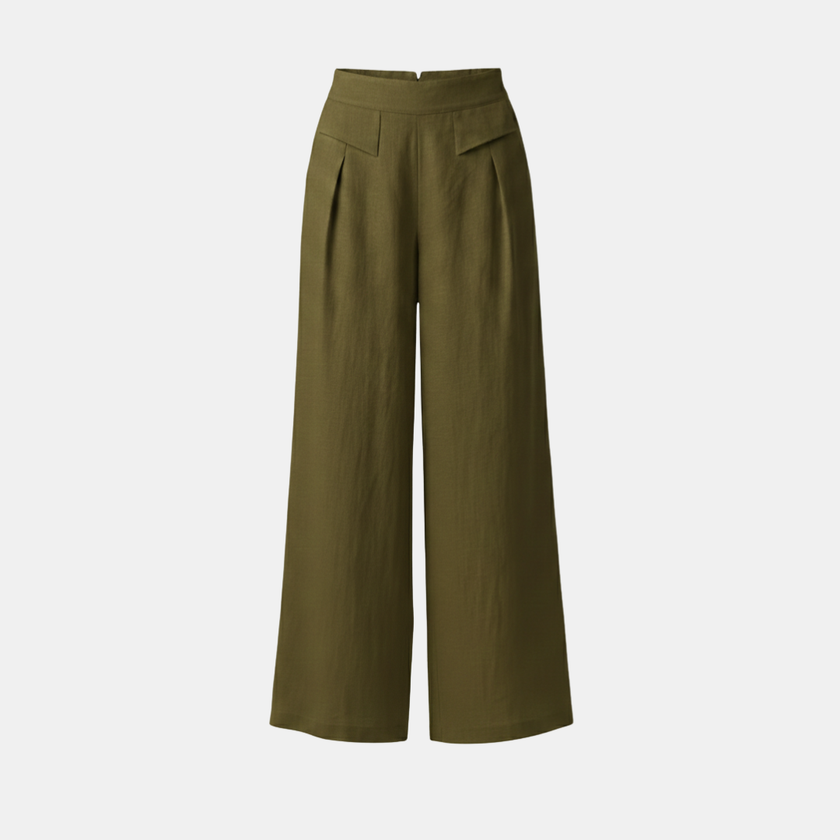 White high-waist cotton linen wide-leg trousers for women by FJØRNA, featuring a relaxed fit and side pockets.