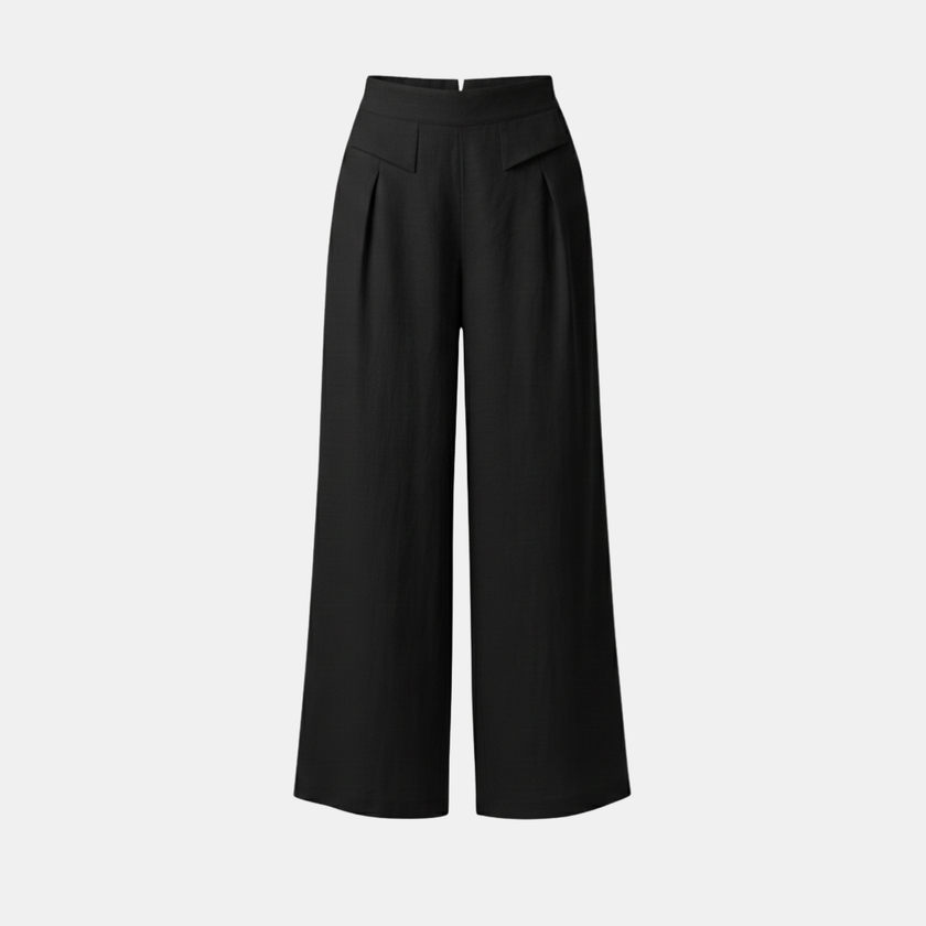 FJØRNA women's white cotton linen wide-leg trousers, high waist with pockets, casual and comfortable pants for women.