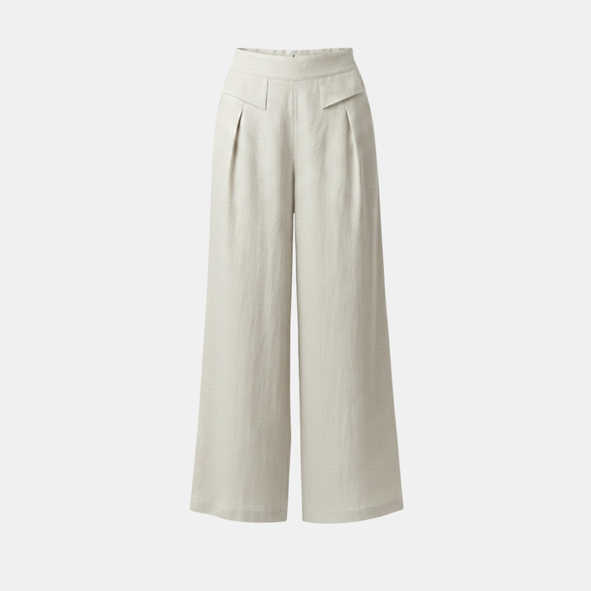 White cotton linen wide-leg trousers for women by FJØRNA, high waist with pockets, relaxed fit, stylish and comfortable.
