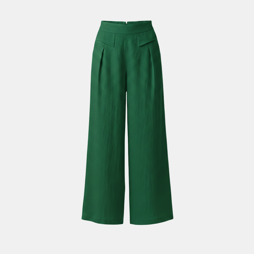 White high-waist cotton linen wide-leg trousers for women by FJØRNA, featuring pockets and a relaxed fit.