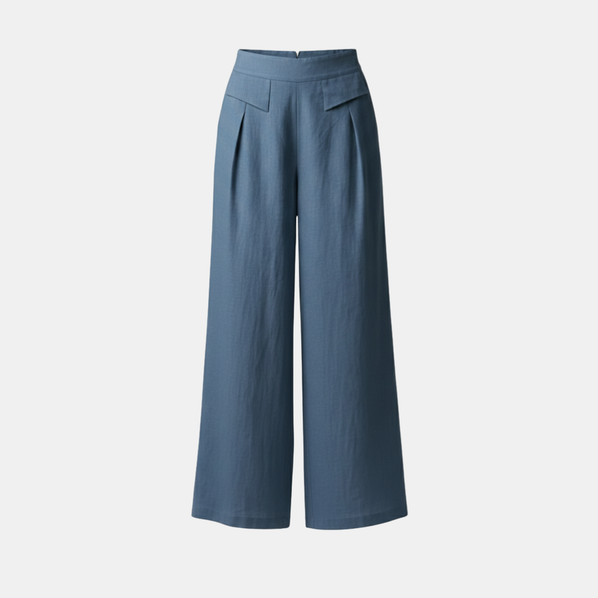 White high-waist cotton linen wide-leg trousers for women by FJØRNA, featuring pockets and a relaxed fit.