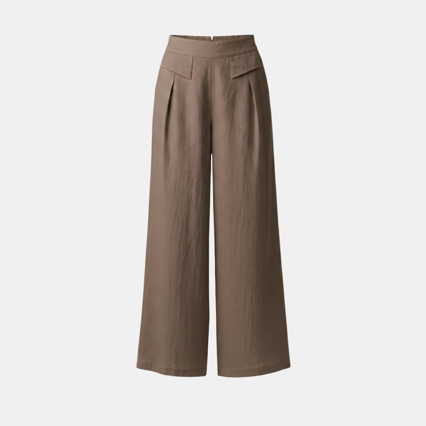 White FJØRNA women's cotton linen wide-leg trousers with high waist, pockets, and relaxed fit, styled on a model.