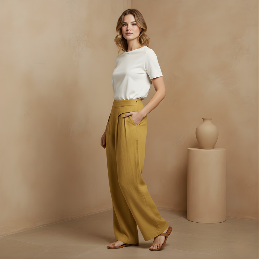 White cotton linen wide-leg women's trousers with high waist, pockets, and relaxed fit, styled on a model.