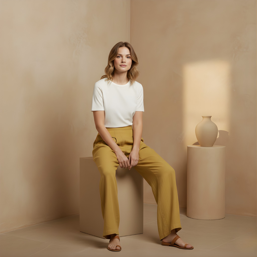 White high-waist cotton linen wide-leg trousers for women with pockets, by FJØRNA, styled with a relaxed fit and wide legs.