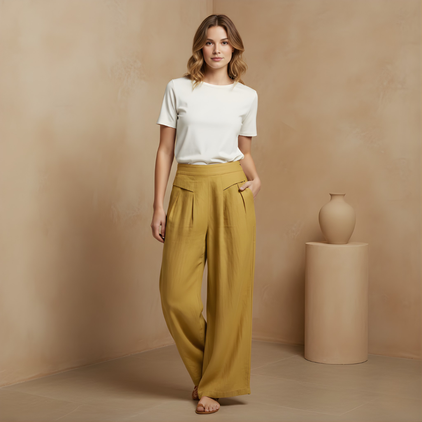 White high-waist cotton linen wide-leg trousers for women with pockets from FJØRNA, relaxed fit and stylish comfort.