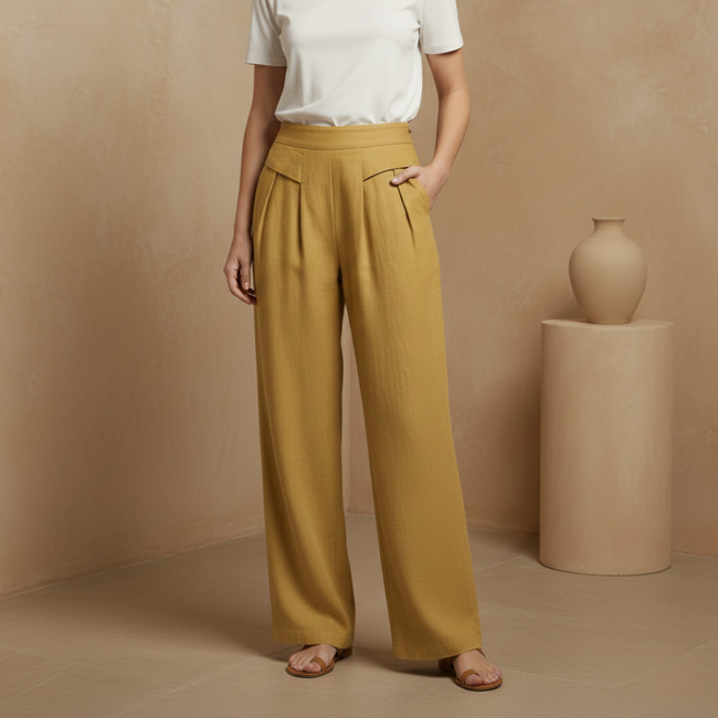 White cotton linen wide-leg trousers for women with high waist, pockets, and relaxed fit, by FJØRNA.