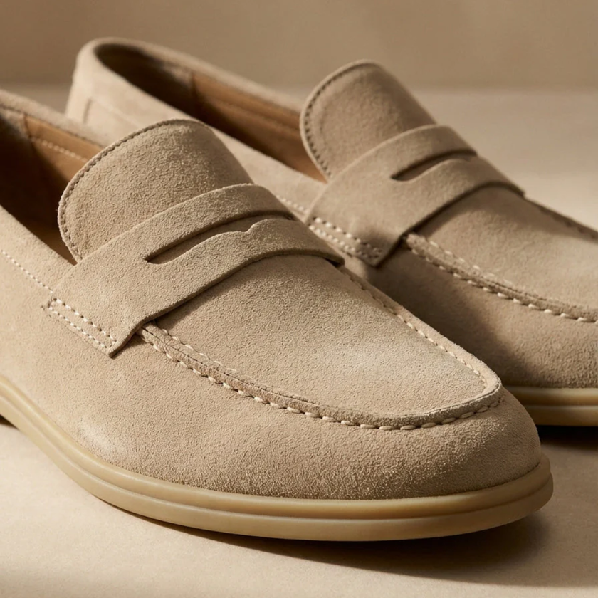 Men's beige suede slip-on loafers by FJØRNA, casual shoes for men with a sleek, comfortable design.