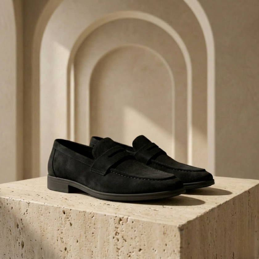 Men's beige suede slip-on loafers by FJØRNA, casual men's shoes with soft suede and comfortable slip-on design.