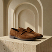 Men's beige suede slip-on loafers by FJØRNA, casual shoes for men with a smooth suede finish and comfortable design.