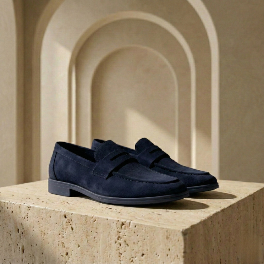 Men's beige suede slip-on loafers by FJØRNA, casual shoes for men with a sleek, comfortable design and soft suede material.