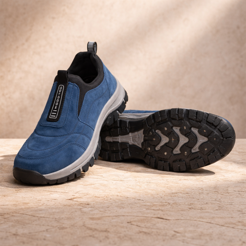 Men's FJØRNA orthopedic hiking boots in blue, supportive walking shoes with cushioned soles and sturdy design for outdoor comfort.