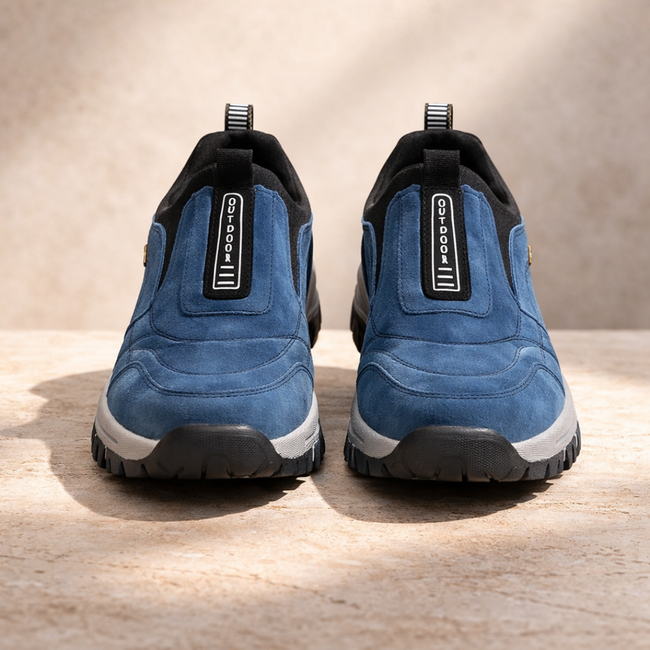 Men's FJØRNA orthopedic hiking boots in blue, supportive walking shoes for comfort and durability during outdoor adventures.