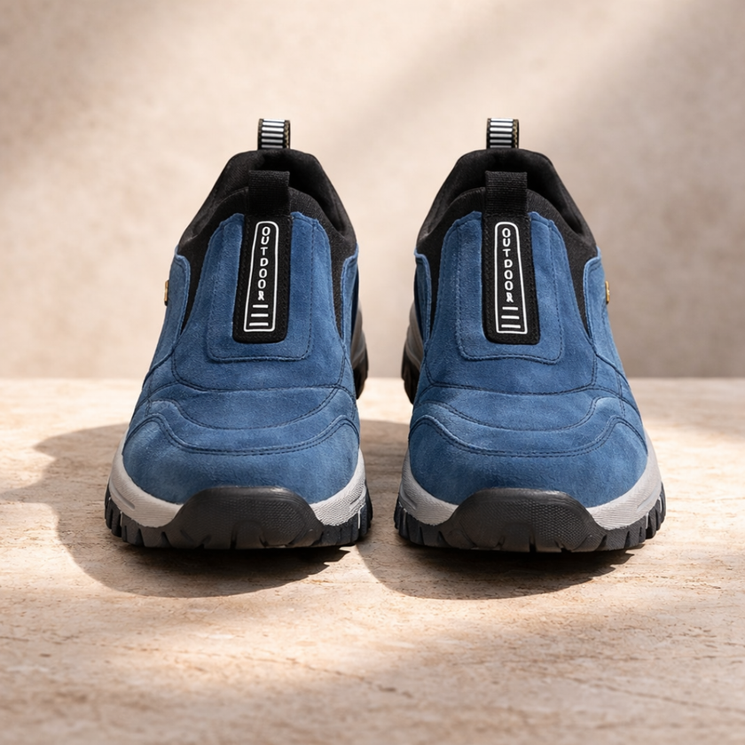Men's FJØRNA orthopedic hiking boots in blue, supportive walking shoes for comfort and durability during outdoor adventures.