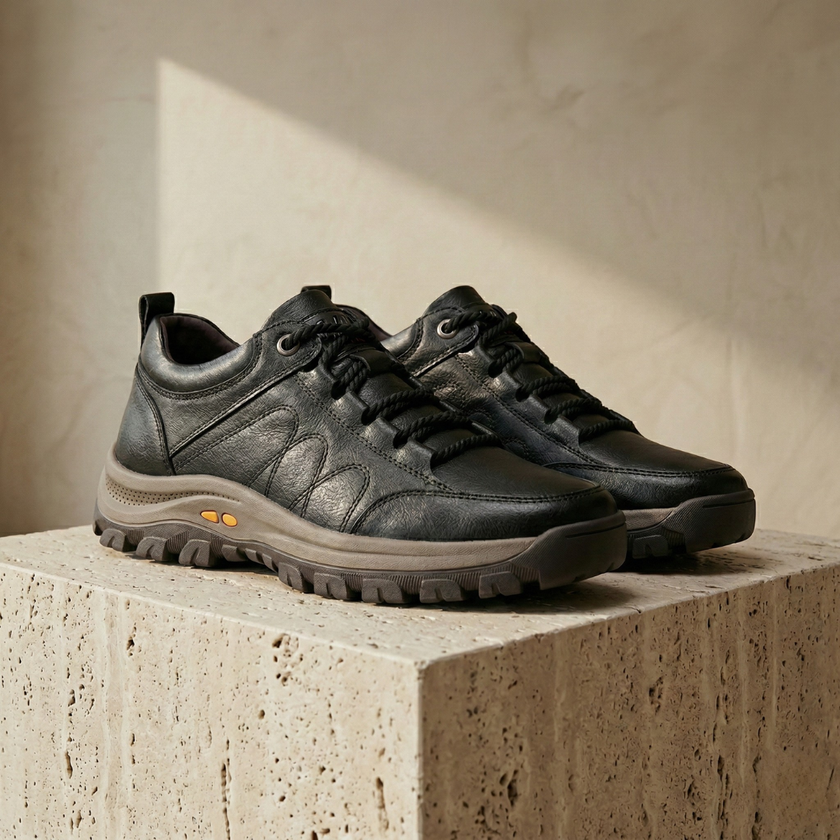 Men's red leather orthopedic shoes by FJØRNA, featuring comfortable design and supportive soles for walking.