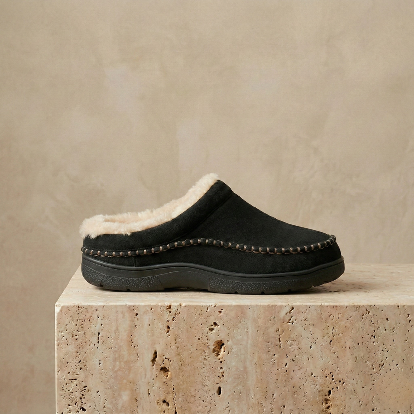 Men's grey slip-on slippers by FJØRNA, cozy soft house shoes with a comfortable slip-on design for indoor wear.
