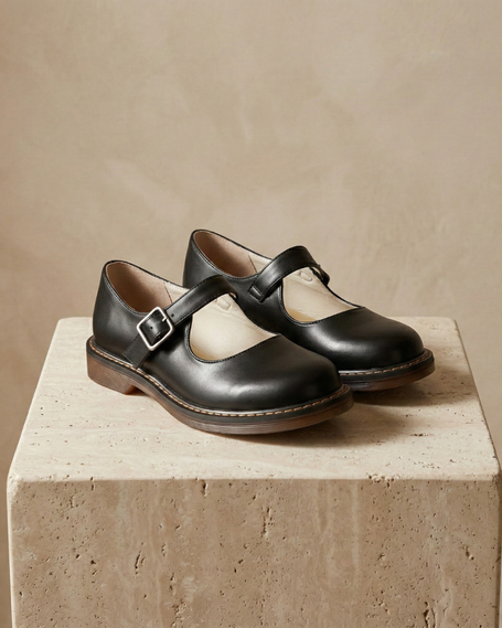 FJØRNA Nina vintage leather Mary Jane shoes for women with strap and comfortable sole in brown color.