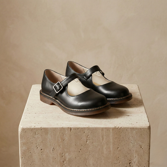 FJØRNA Nina vintage leather Mary Jane shoes for women with strap and comfortable sole in brown color.