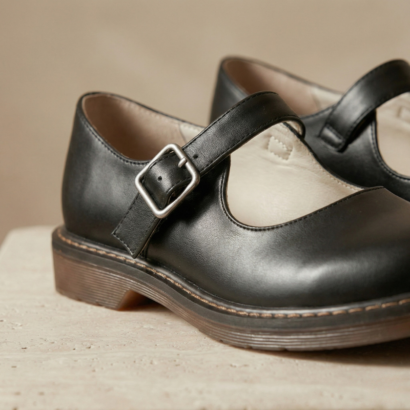 FJØRNA Nina vintage leather Mary Jane shoes for women with strap and comfortable sole, classic brown leather footwear.