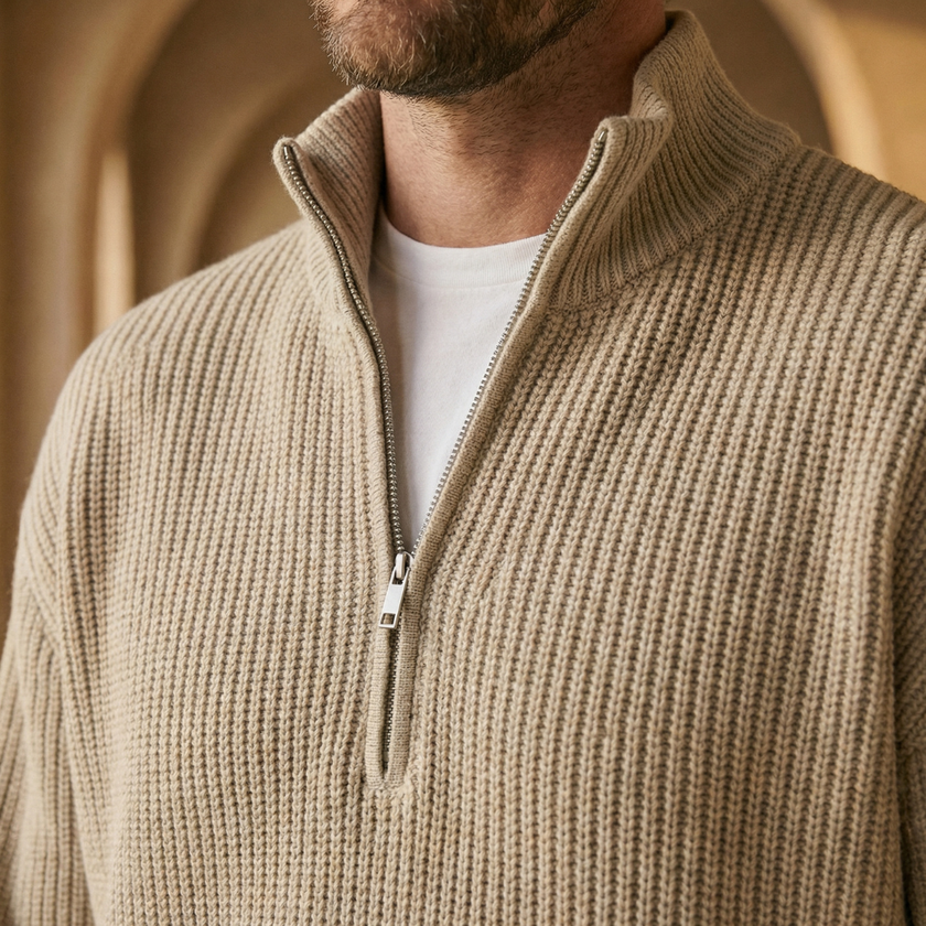 Men's black FJØRNA half-zip collar knit jumper, stylish and versatile sweater with a half-zip design and collar detail.