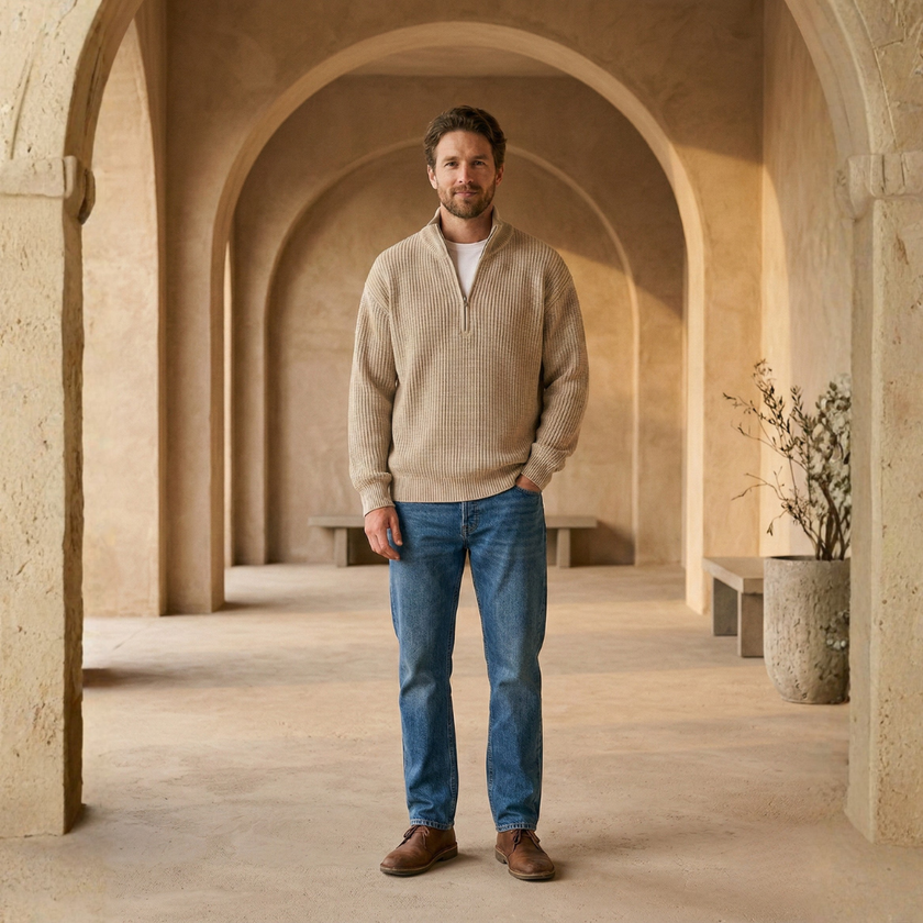 Men's black FJØRNA half-zip collar knit sweater, stylish and versatile men's sweater with a cozy knit fabric.