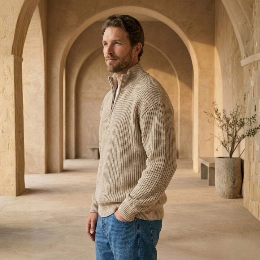 Men's black FJØRNA half-zip collar knit sweater, stylish and versatile men's jumper with a sleek design.