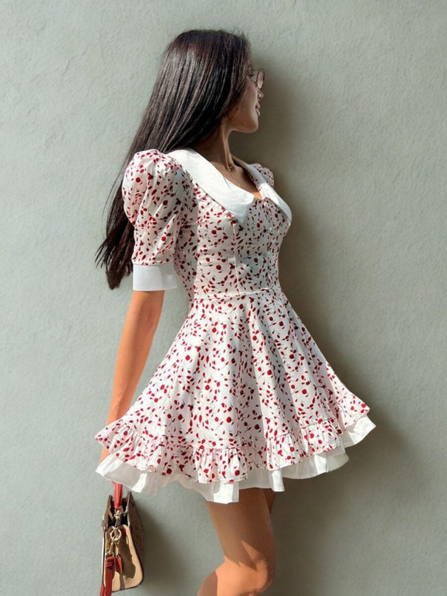 FJØRNA vintage summer A-line dress with floral doll collar, mini length, side view, perfect for casual wedding or summer wear
