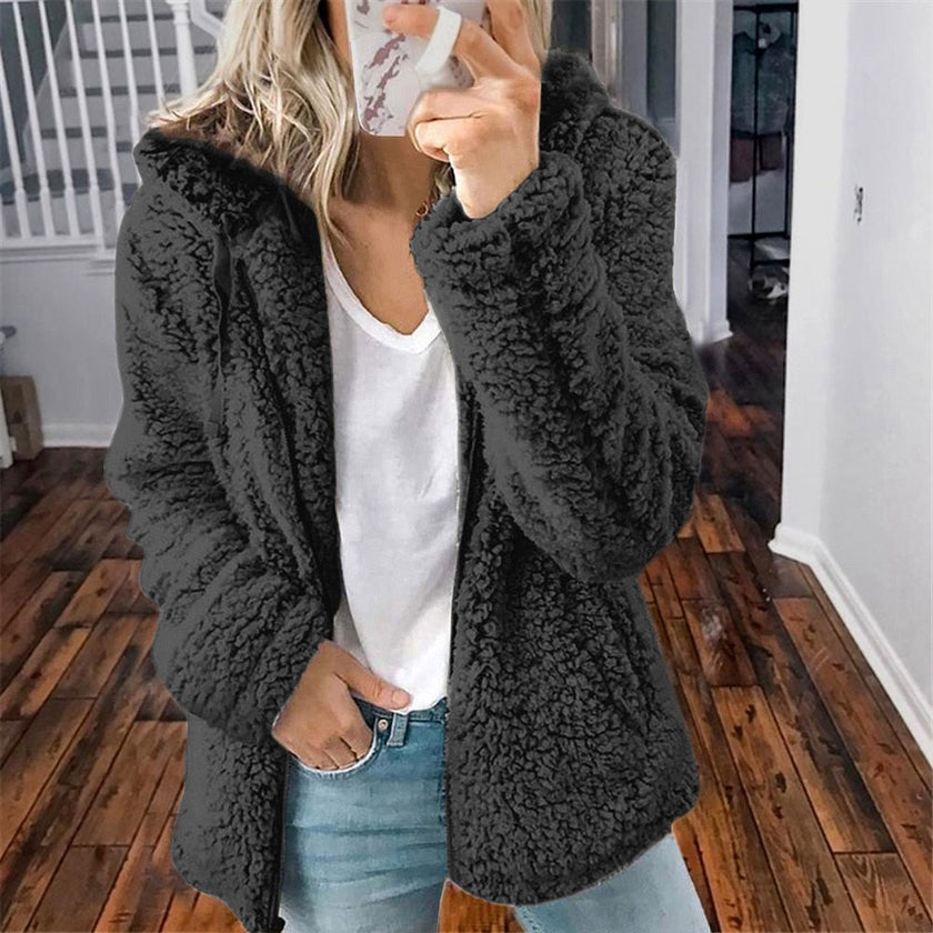 Hilde | Women's Hooded Open-Front Teddy Fleece Jacket with Pockets