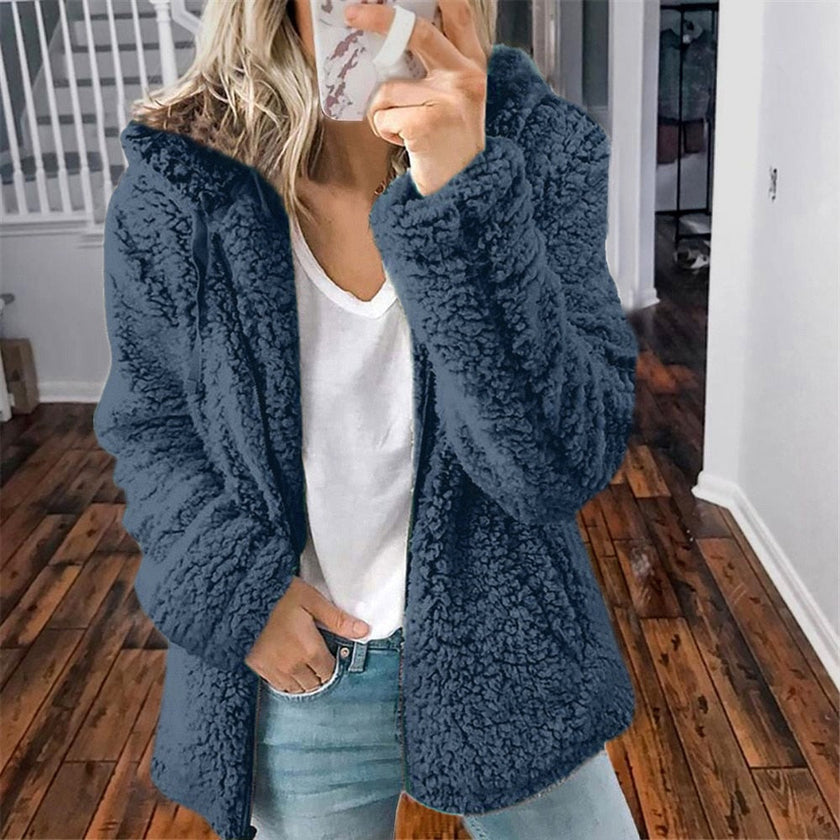 Hilde | Women's Hooded Open-Front Teddy Fleece Jacket with Pockets