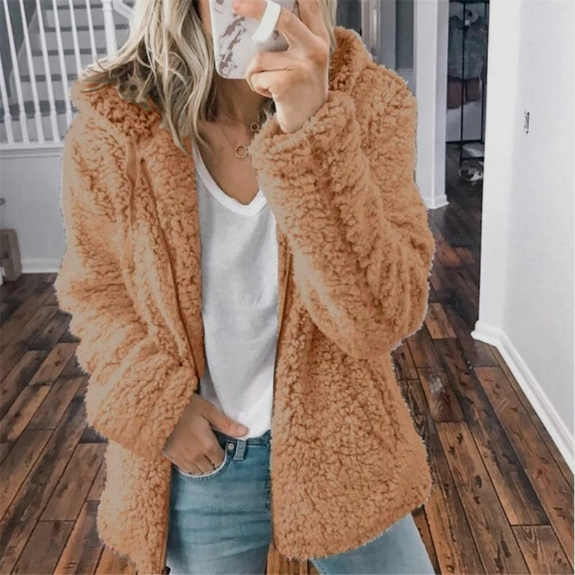Hilde | Women's Hooded Open-Front Teddy Fleece Jacket with Pockets