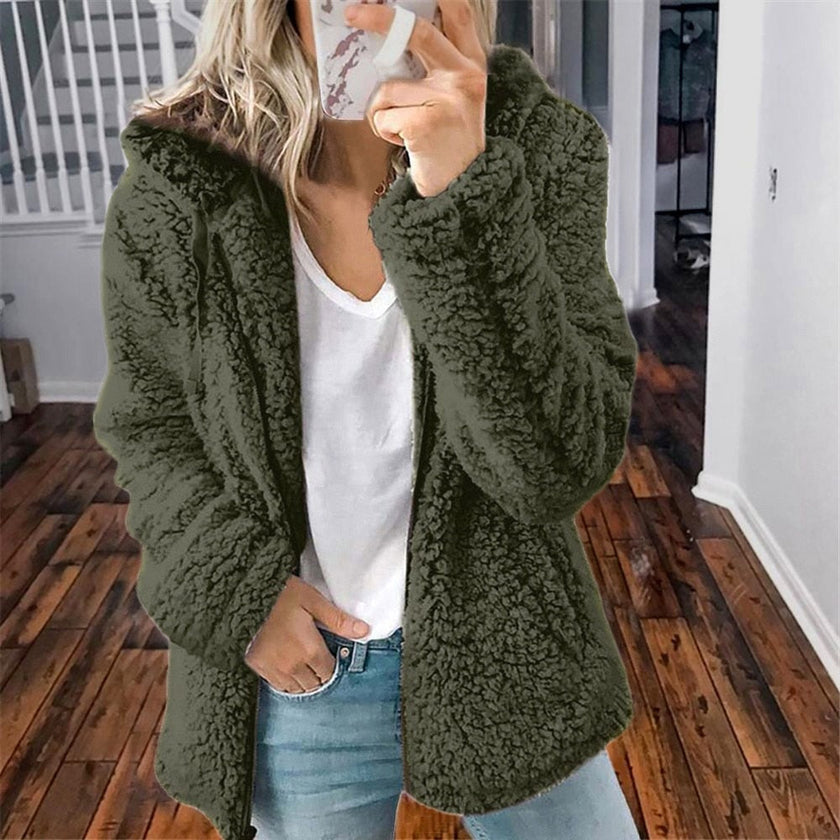 Hilde | Women's Hooded Open-Front Teddy Fleece Jacket with Pockets
