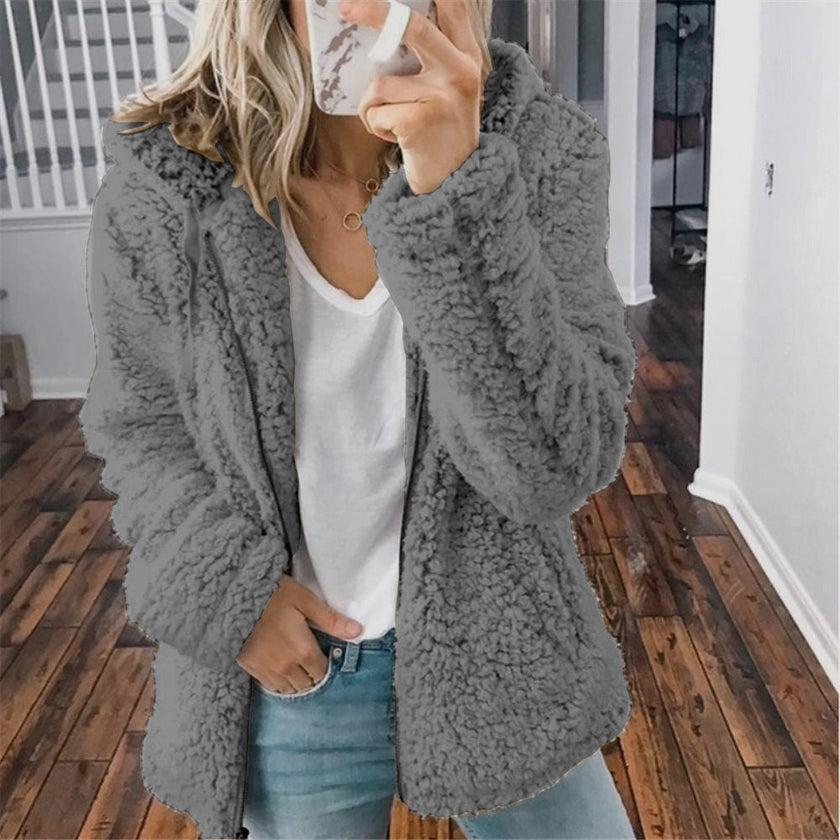 Hilde | Women's Hooded Open-Front Teddy Fleece Jacket with Pockets