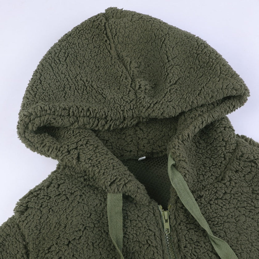 Hilde | Women's Hooded Open-Front Teddy Fleece Jacket with Pockets