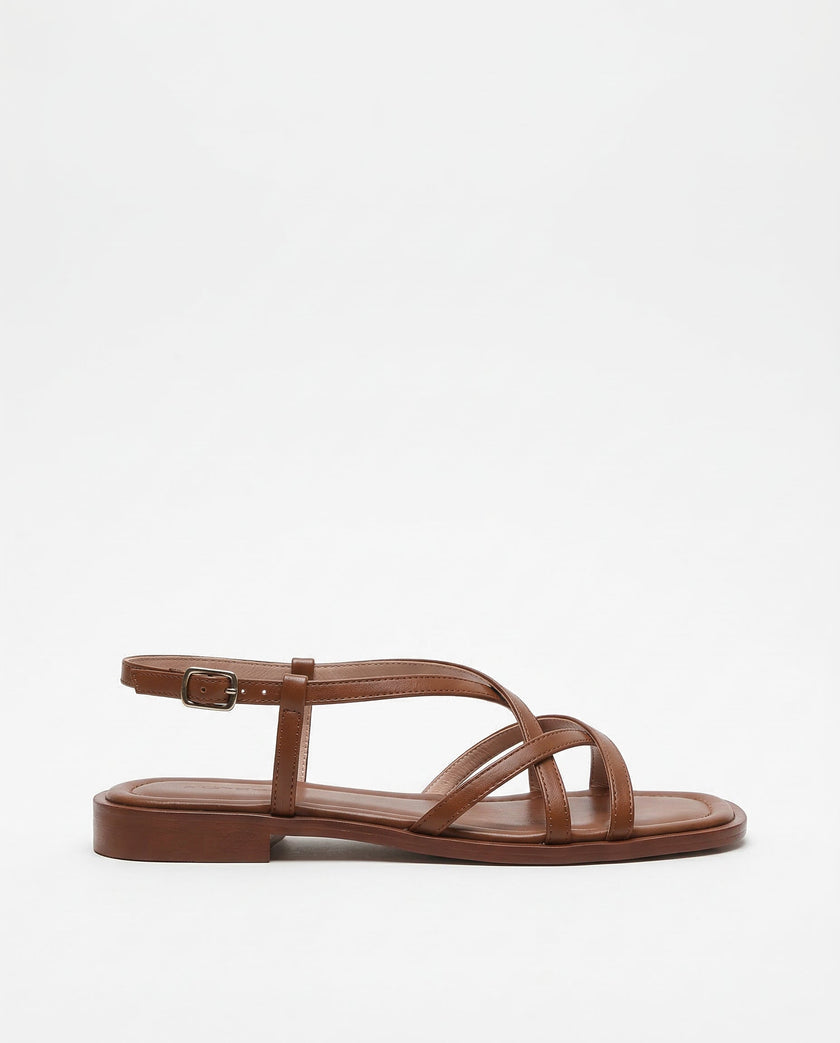 FJØRNA women's brown Italian leather cushioned sandals displayed on a white studio background, showing the comfortable straps and sole.