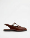 Brown Italian leather woven slingback sandals for women, stylish FJØRNA shoes with a comfortable open heel design.