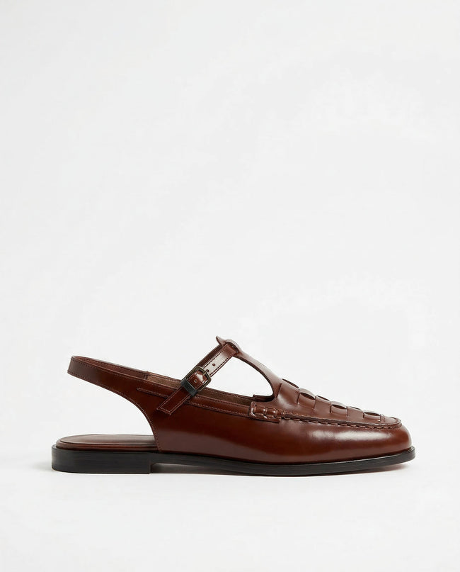 Brown Italian leather woven slingback sandals for women, stylish FJØRNA shoes with a comfortable open heel design.