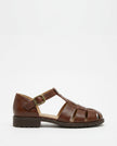 FJØRNA Italian leather adjustable strap women's brown sandals on a white studio background, showcasing the stylish footwear.