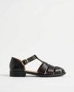 FJØRNA women's brown Italian leather adjustable strap sandals on a white background.