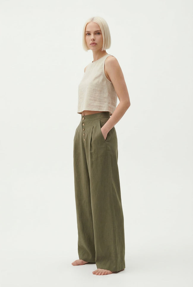 FJØRNA knit wide-leg trousers for women, loose pull-on pants in soft fabric, styled with casual top and accessories.