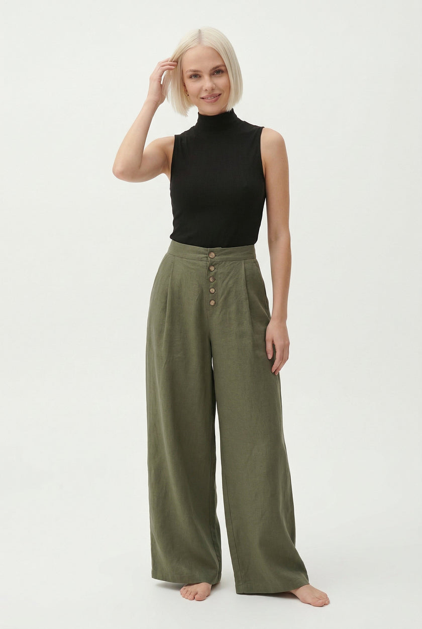 FJØRNA women's knit wide-leg pull-on trousers, loose fit pants with a relaxed silhouette and comfortable style.
