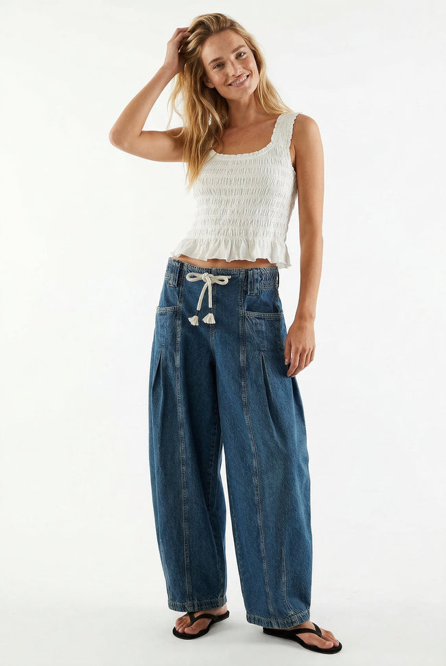 FJØRNA women's cotton wide-leg jeans with drawstring waist, casual pants featuring a relaxed fit and comfortable style.